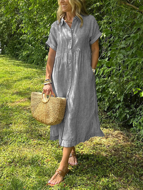 Vestido camisero de rayas con corte relajado y bolsillos laterales