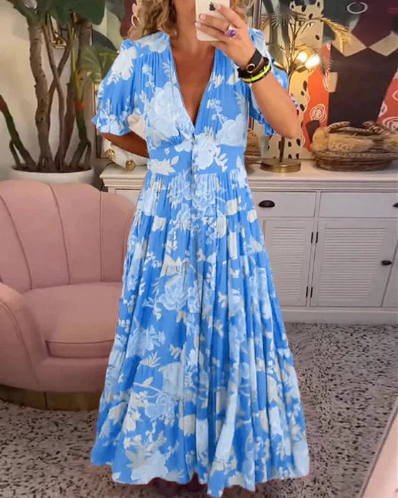 Vestido cómodo con escote en pico y bolsillos