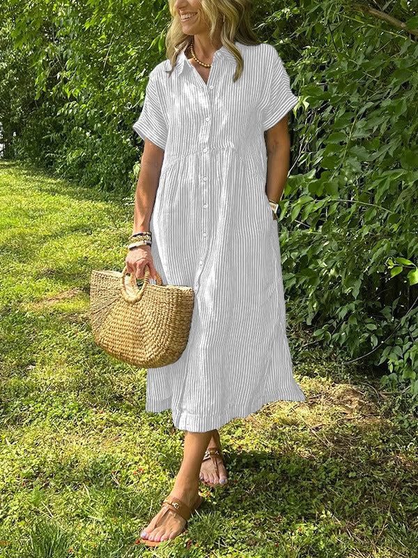 Vestido camisero de rayas con corte relajado y bolsillos laterales