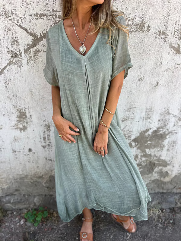 Vestido midi de algodón y lino con cuello en V (LIQUIDACIÓN)